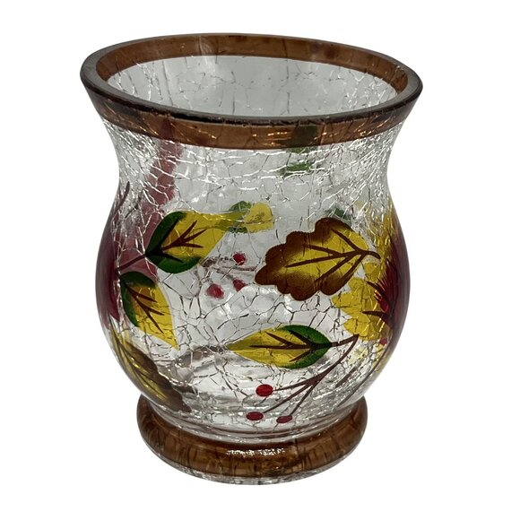 Autumn Oak Maple Leaf Crackle Glass Votive Candle Holder Vase Thanksgiving Decor - Picture 4 of 11